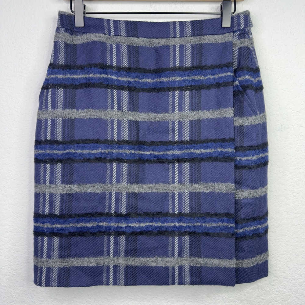 Akris punto Skirt Women 6 Blue Wool Alpaca Plaid Textured Wrap Preppy Luxury